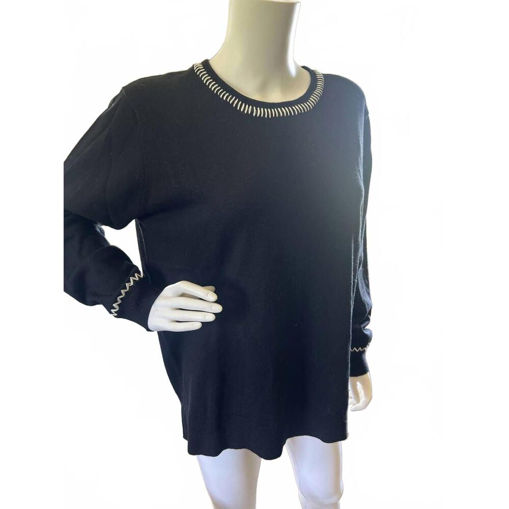 NEW PURE AMICI women's cotton cashmere split hem crew sweater in black